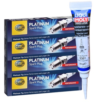 4x HELLA Zündkerzen + LIQUI MOLY Fett für MERCEDES C CL203 S203 CLK A208 C209