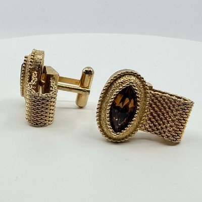Vintage Gold Tone Mesh Wrap Cufflinks Brown Marquise Rhinestone Retro Men s