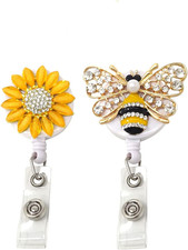 Honbay 2PCS Rhinestone Retractable Badge Holder Sunflower Bee Badge Reel ID Name