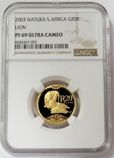 2003 GOLD SOUTH AFRICA 20 RAND LION NATURA 1/4 oz NGC PROOF 69 ULTRA CAMEO