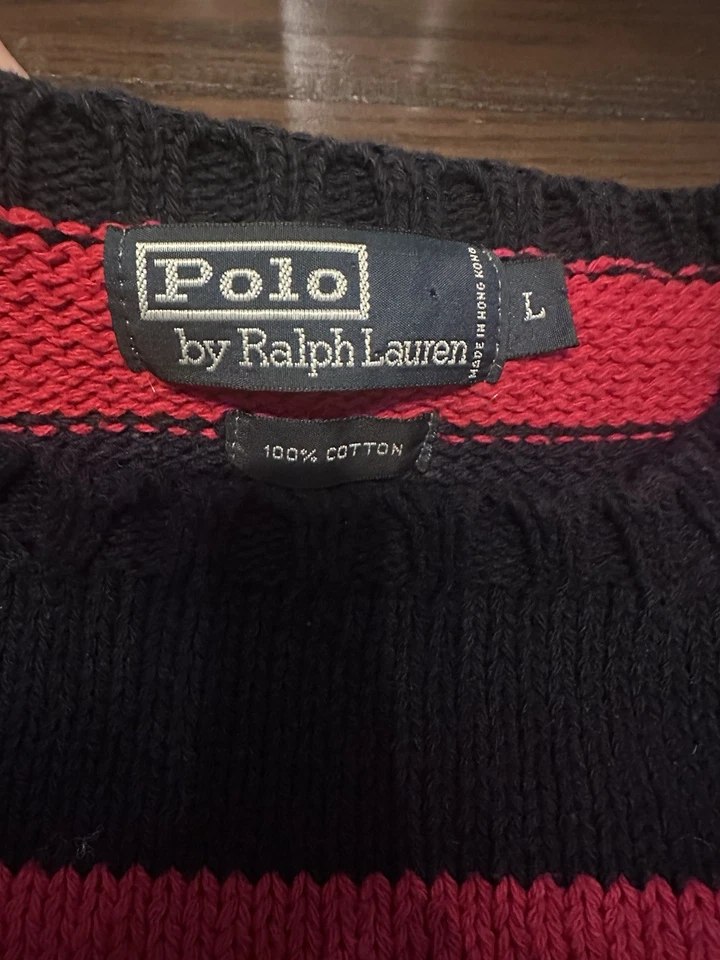 Suéter Vintage Polo Ralph Lauren Para Hombre Grande Rojo Azul Marino 100% Algodón Rayas Foto 3 de 4