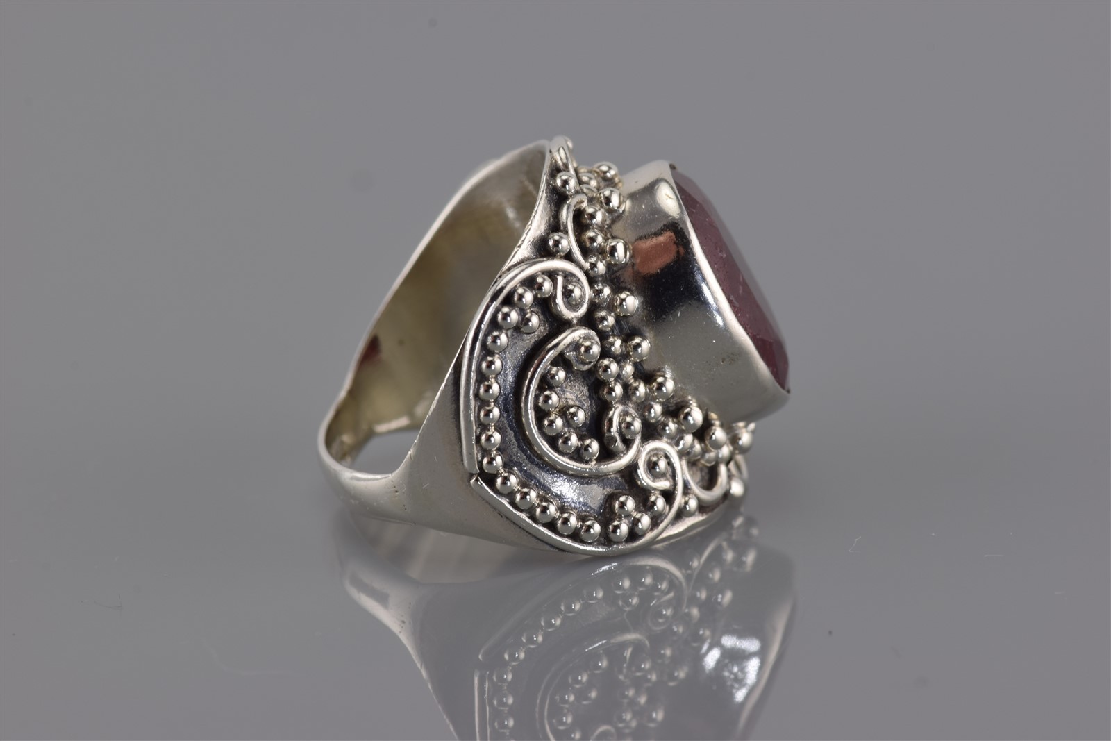 Sterling Silver Ornately Beaded Red Ruby Saddle S… - image 3