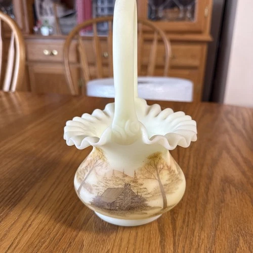 Fenton Hand Painted Ruffled Basket Satin Yellow Custard Log Cabin Signed Uranium