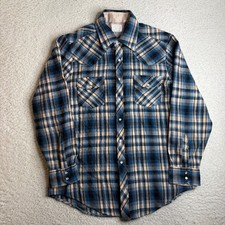 70s Sears Western Flannel Shirt Blue Tan Plaid Pearl Snap Acrylic Mens 16.5