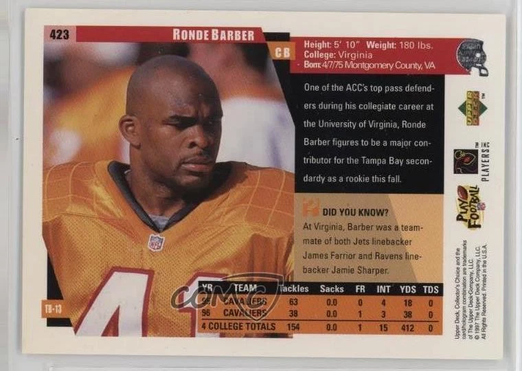 1997 Collector's Choice ( Pictured) Ronde Barber Reggie Brooks #423 Rookie RC - Image 2 of 2