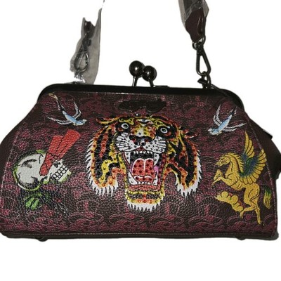 Ed Hardy Black Pink Shoulder Bag Tiger Pegasus Skull Bird Print Inner Pockets