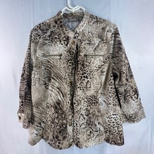 Chicos Animal Print Jacket Tan Brown Mixed Snake Leopard Zebra Size 2 13110536
