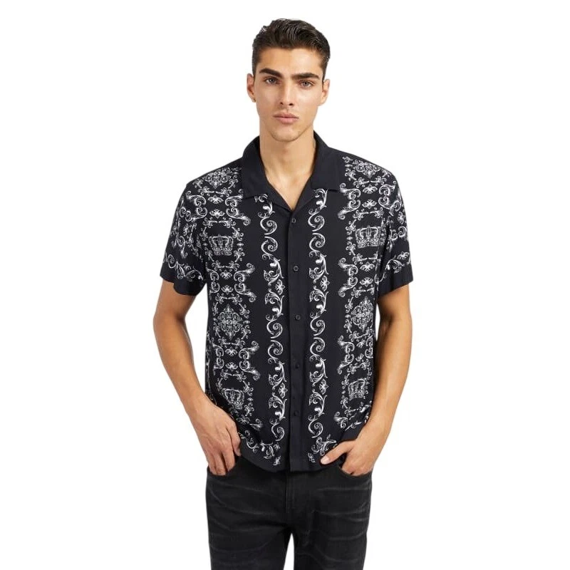 Camisa para hombre GUESS Eco Royal Scroll negra con botones manga larga talla mediana