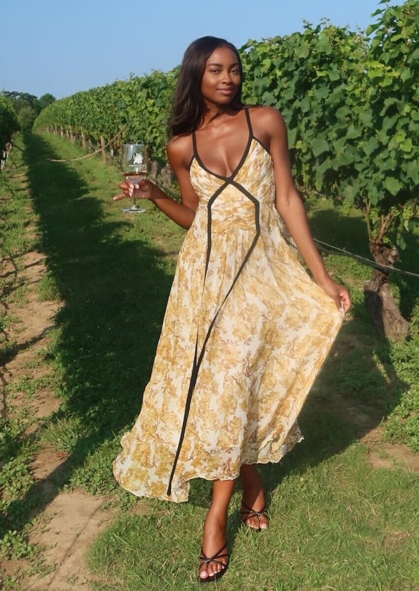 Zara ZW Collection Printed Dress With Trims Ecru Yellow Size XS