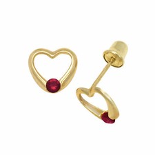 Baby Girl Ruby Birthstone Heart Shape Stud Earrings Screw Back 14K Yellow Gold
