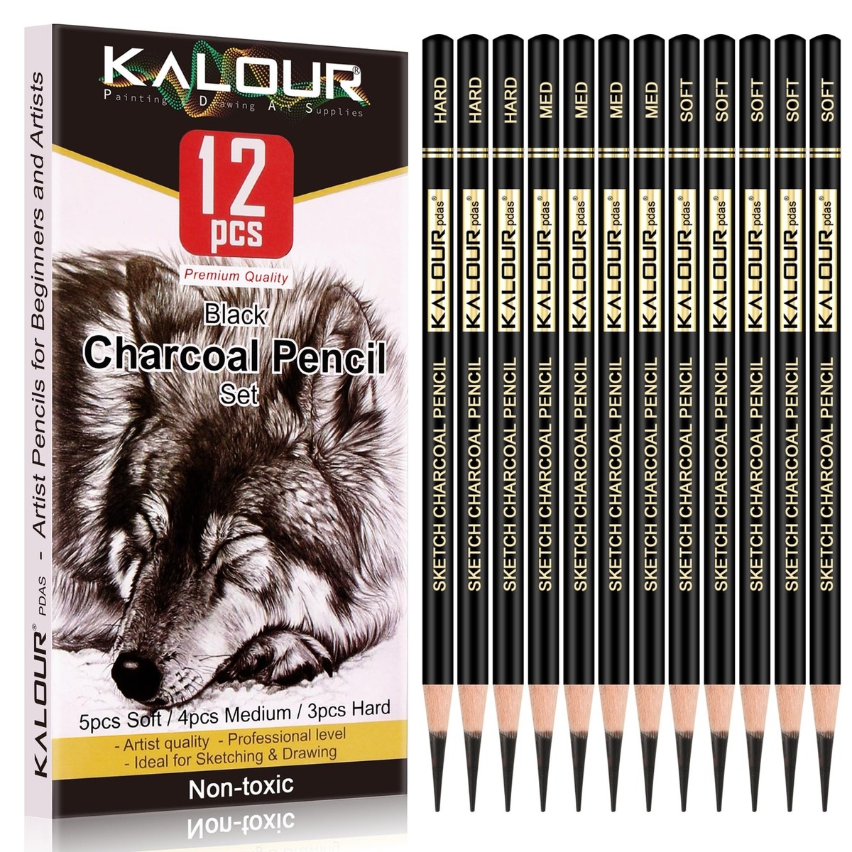 KALOUR 24 Pro Charcoal Drawing Set - Soft,Medium,Hard Charcoal And White - Ch