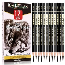KALOUR Professional Charcoal Pencils Drawing Set -12 Pieces Soft, Medium and ...