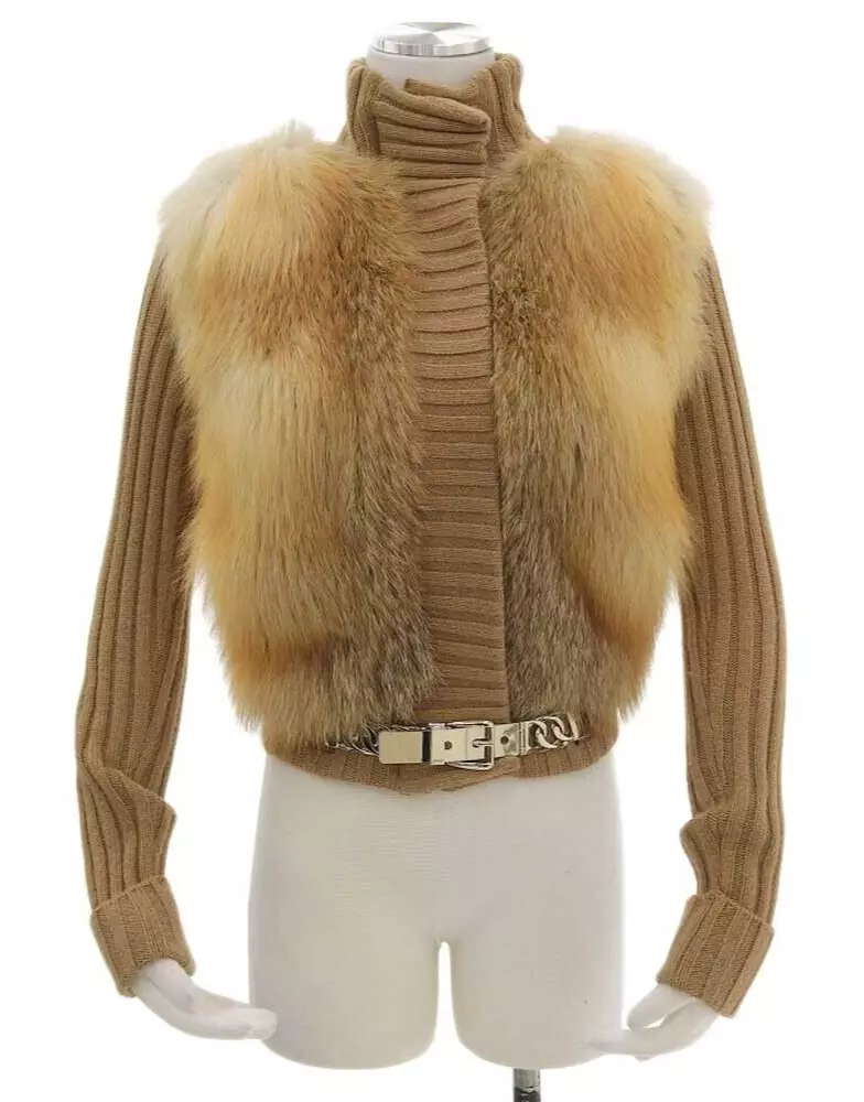 Gucci Veste Tricot Camel 100% Fourrure Renard Marron Clair Taille XS avec Chaîne Dorée Ceinture