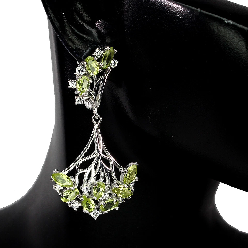 925 Sterling Silver Marquise  Peridot 6x3mm Simulated Cz  Earrings - Image 2 of 4