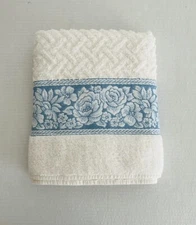 Fieldcrest Bath Towel White Basket Weave Texture Blue Floral Bands Cotton