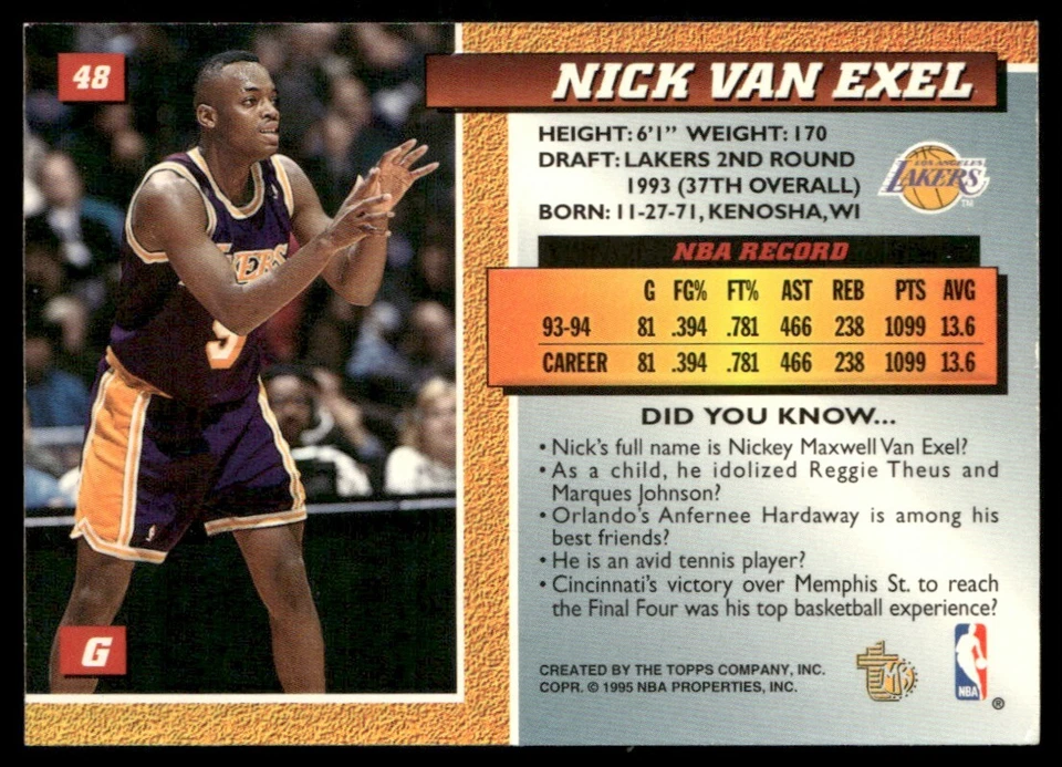 1994-95 Topps Embossed Golden Idols Nick Van Exel #48 - Image 2 of 2