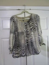 Rebecca Malone Women's Blouse Size Medium Black Gray Long Sleeve Flowy Keyhole