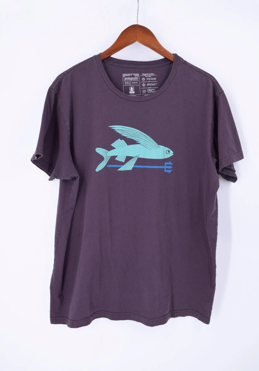 Patagonia Shirt Mens 2XL Purple Organic Cotton Slim Fit Flying Fish Graphic USA