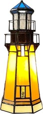 L10979 Tiffany-Style Stained Glass Lighthouse Accent Table Lamp, 9.5" H