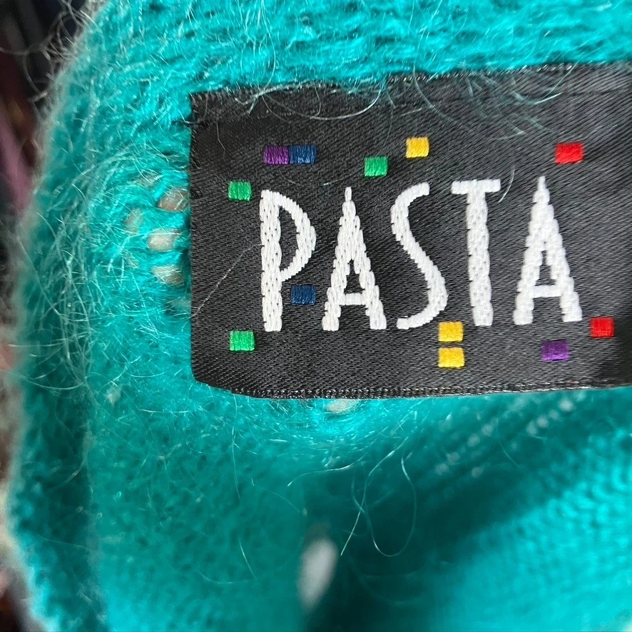 Cárdigan suéter vintage PASTA grande mezcla de mohair verde azulado prendas de punto florales Foto 3 de 4