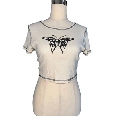 H&M Womens Juniors Teen Cropped Beige Emo Grunge Goth Scene Butterfly Top Medium