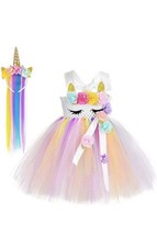 Girls Unicorn Dress Up Costume w/ Long Unicorn Headband Kids Outfit, Age 3-4