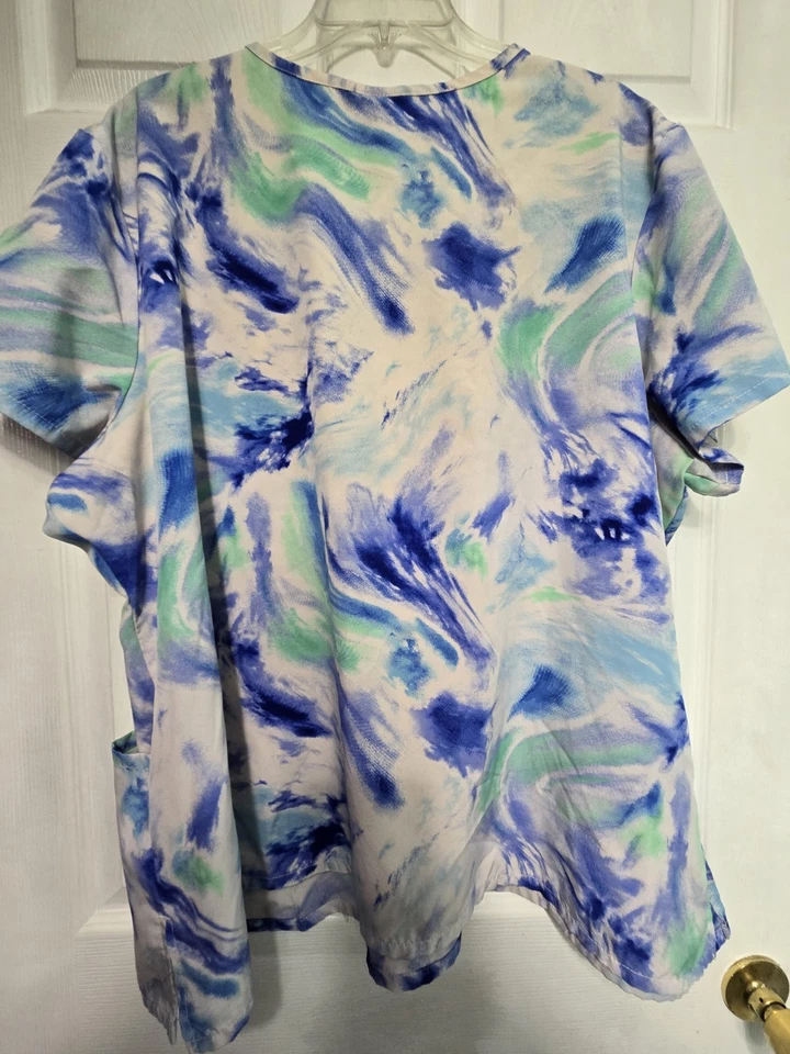 Scrubstar Scrub Top size 3XL-Blue/Green/Grey Tie-Dye Style-chest 29.5"/L 28" - Image 2 of 4