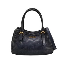 Auth Prada Leather Handbag Shoulder Bag Women Black/Gold