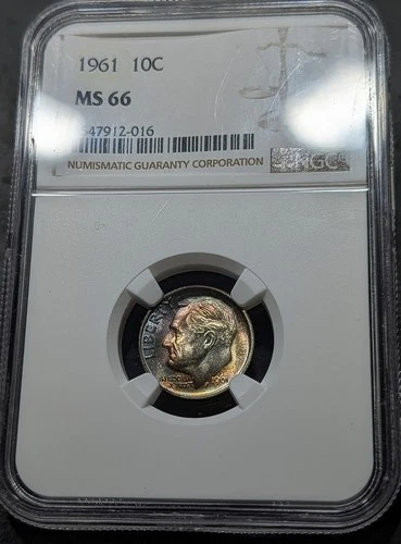 1961-P Roosevelt Dime Ngc MS/66 Awesome Toning Clean Surfaces