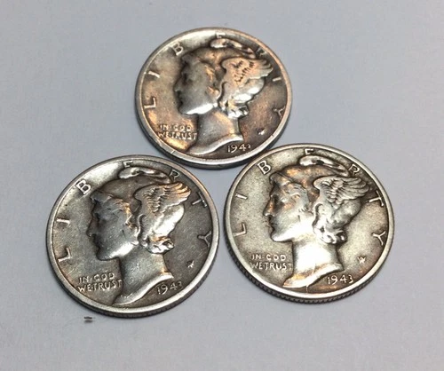 1943 P-D-S Mercury Head Dimes 90% Silver, VF+