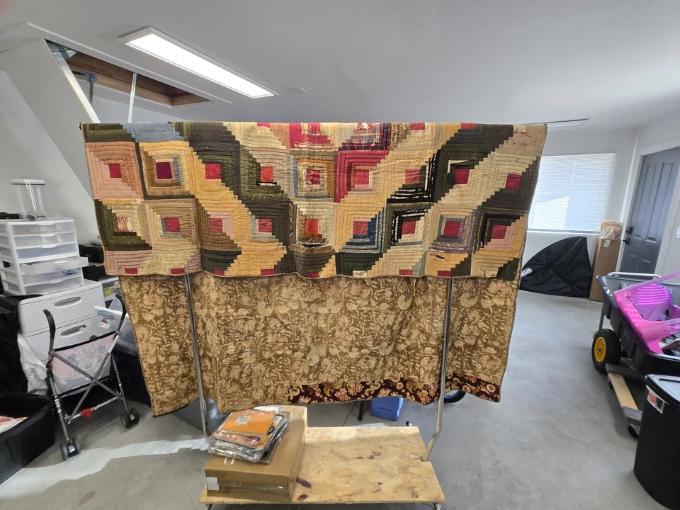 Antique Hand-Sewn Log Cabin Quilt – 1800s/1900s Era Warm Earth Tones, Hand Quilt - Image 2 of 4