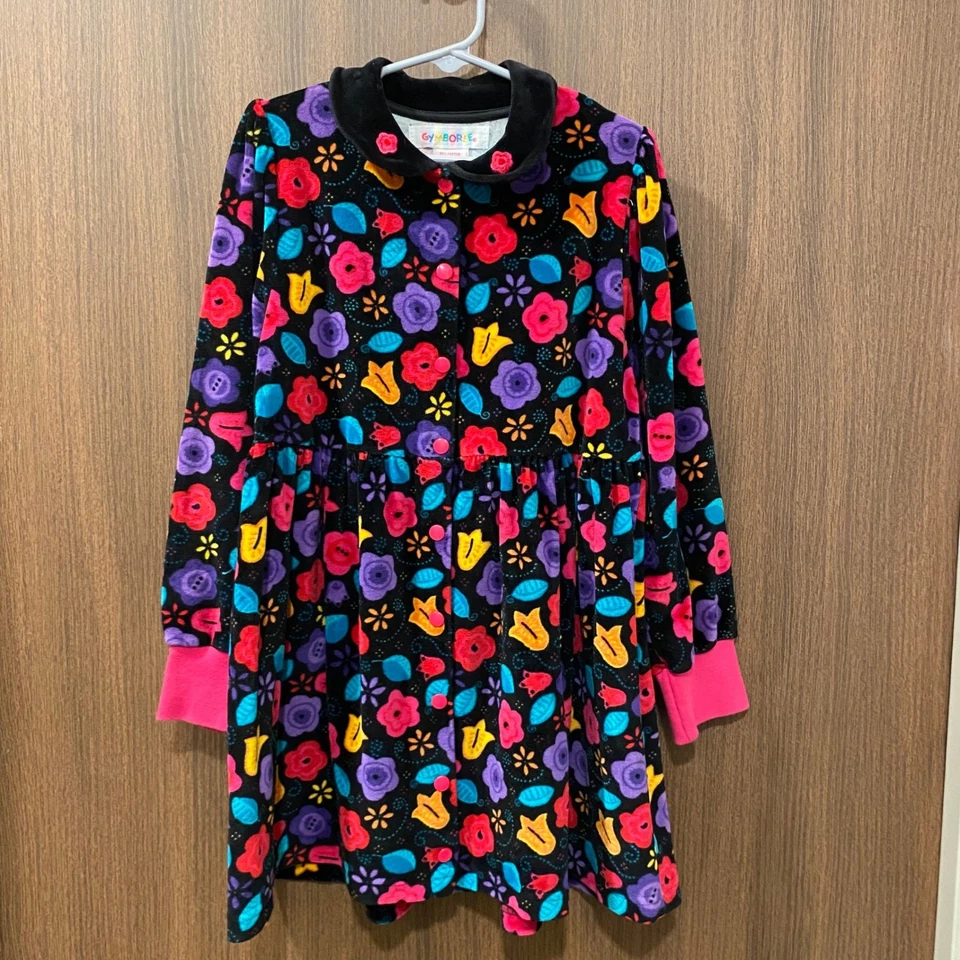 GYMBOREE Girl's Vintage Black Floral Velour Button Front Dress XL Long Sleeve - Image 2 of 4