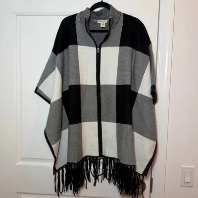 NWT Christian Siriano Plaid Poncho Shawl Cape with Fringe Black & White - Image 1 of 4