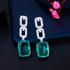 Silver Plated Cubic Zirconia Green Long Square Dangle Drop Earrings Women Party