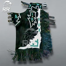 Bull Riding Pro Rodeo Chaps black Smooth Leather Bronco Show Adult fringe chap