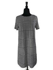 Calvin Klein Houndstooth Plaid Black White Short Sleeve Slit Shift Dress Size S