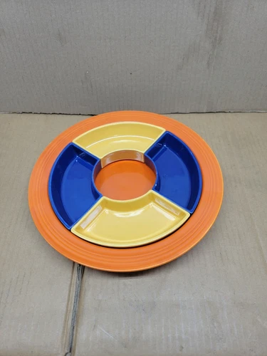 Vintage 3 Color Fiesta Relish Tray Orange w/ Blue & Yellow Inserts - No Center