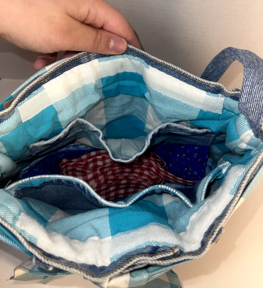 Cartera vaquera reciclada con cinturones intercambiables a cuadros 4 cinturones adicionales 14 X 9 Foto 4 de 4