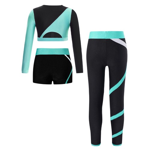 Kids Girls Tracksuit Sports Outfit Shorts Set Activewear Color Block Dance Yoga - Picture 19 of 22