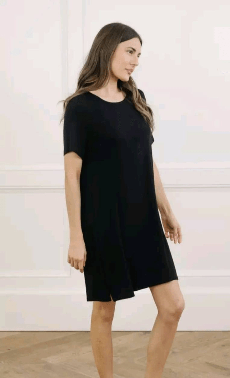 Cozy Earth Bamboo Viscose Rib-Knit Boyfriend Sleep Dress in Black XS