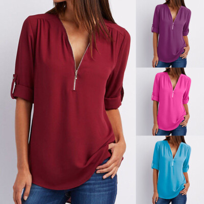 Sommerbluse Chiffon T-Shirt Damen V Tops Tunika Kragen Reißverschluss (