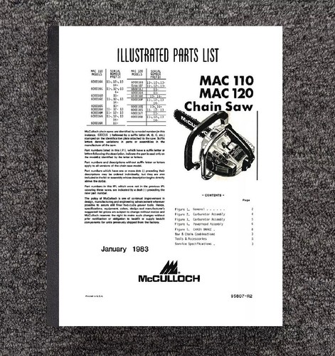 1983 Mac Chainsaw Illustrated Parts List Manual Fits McCulloch 110 120 MC#67