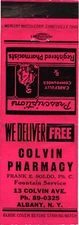 Albany New York Colvin Pharmacy Prescriptions Pharmacist Vintage Matchbook Cover