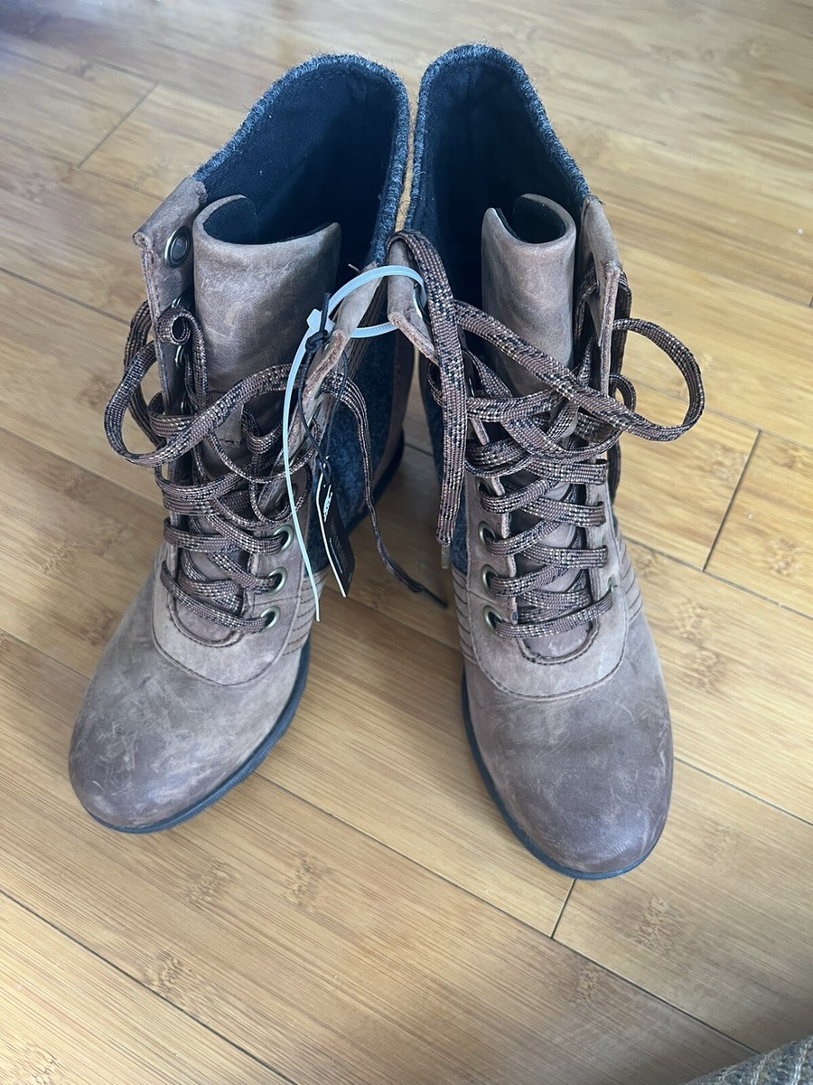 sorel lexie tobacco Sorel Lexie Wedge Tobacco Brown Wool Felt Lace Up Boots Women's Sz8