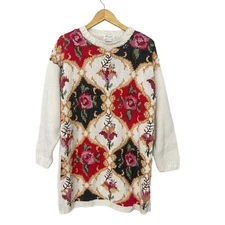 Vintage Bold Floral Embroidered Grandma core  Crew-Neck Knit Women's XL tall