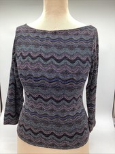 VTG 90s Metallic Zig Zag Glitter Top Boat Neck Black Multicolor Sz L Made in USA