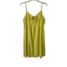 Nine West Babydoll Mini Dress Smocked Chartreuse Crinkle Keyhole Bow Neck XXL