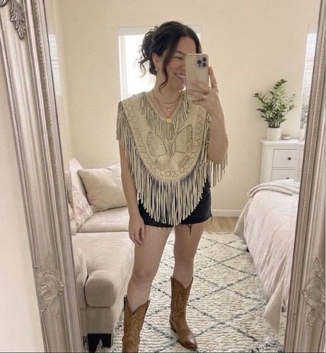 Vintage 70s Poncho Tan Suede Leather Fringe Floral Butterfly Boho Western Folk - Picture 1 of 9