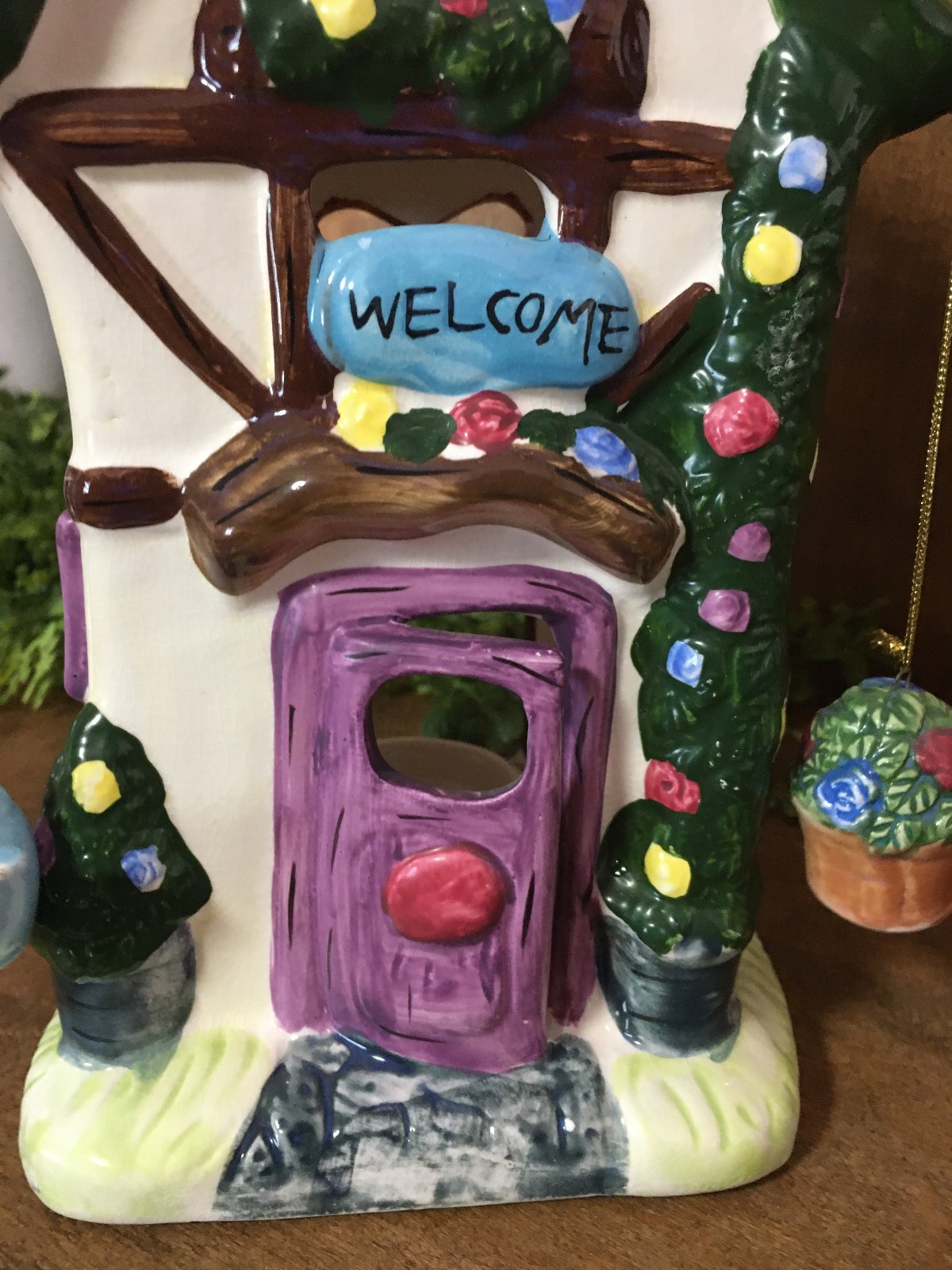 Imperfect Ceramic Cottage Tea Light Candle Holder Welcome Ornate 10.5" Tall Vtg.