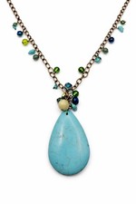 Faux Turquoise Teardrop Pendant Necklace Beaded Chain Boho Statement Adjustable